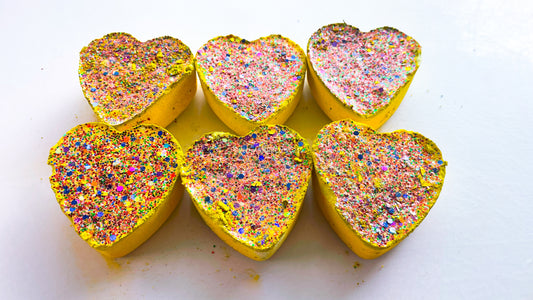 Yellow Hearts With Rainbow Glitter (Set of 6)