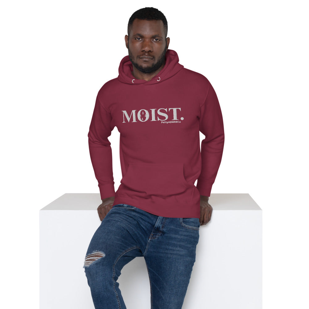 "Moist" PettyASMRRCo Unisex Hoodie (White Letters)